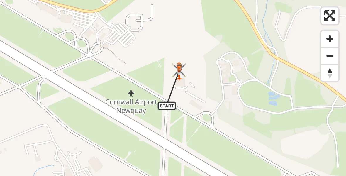 Flight path map showing Coastguard Helicopter route from Cornwall Airport Newquay to Cornwall Airport Newquay