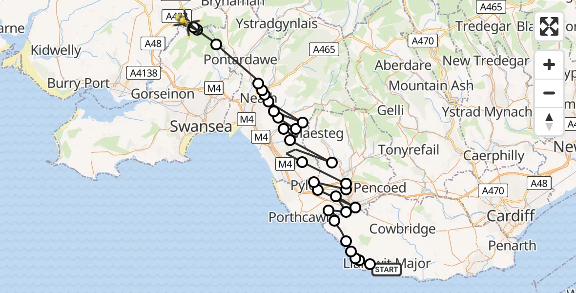 Routekaart van de vlucht: Police Helicopter to Ammanford, Heol Cwm Felin