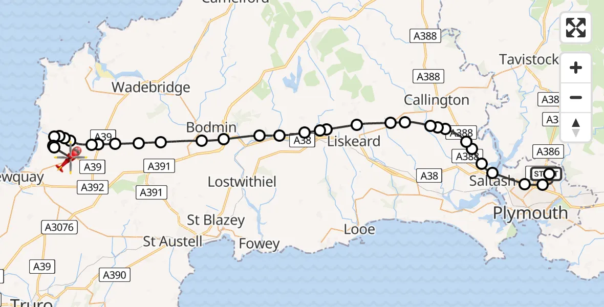 Flight route map: Air Ambulance Helicopter to Cornwall Airport Newquay, Cornwall Airport Newquay