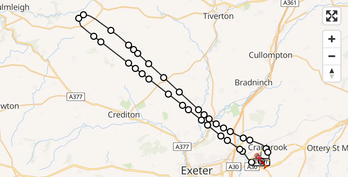 Flight path map showing Air Ambulance Helicopter route from Exeter International Airport to Exeter International Airport
