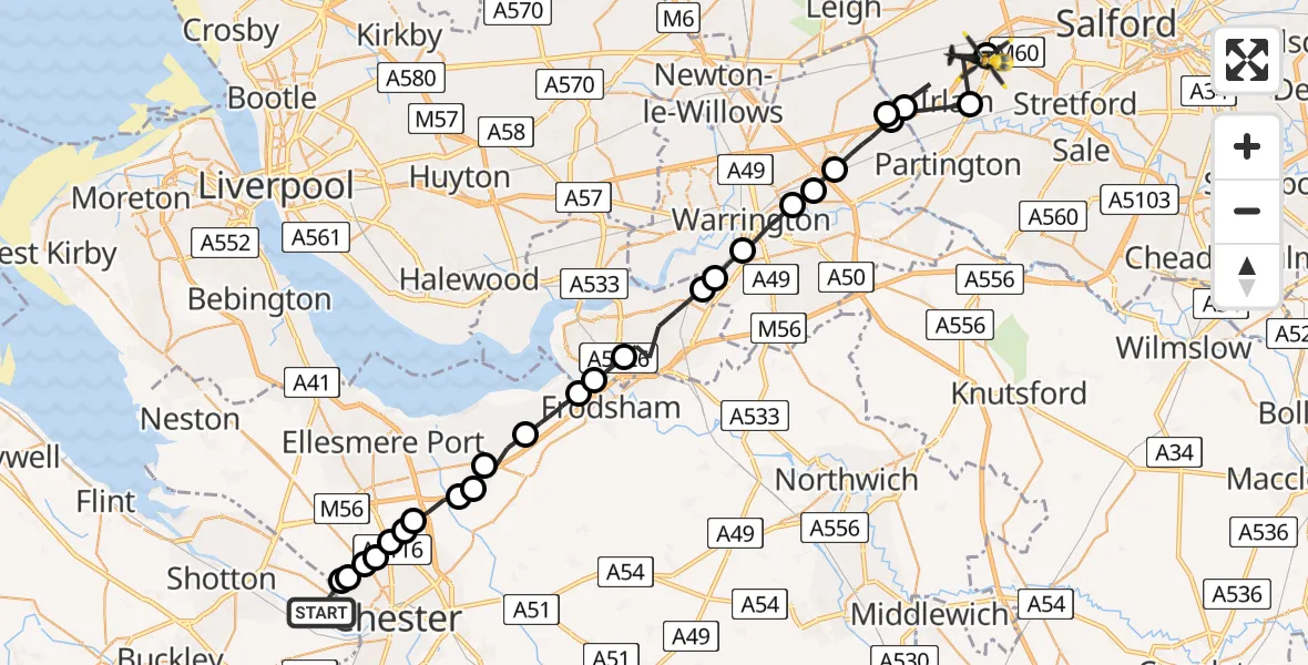 Flight route map: Police Helicopter to Irlam, M62
