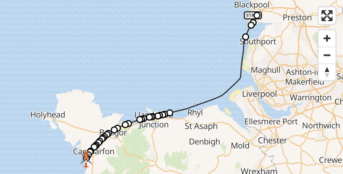 Flight route map: Coastguard Helicopter to Caernarfon Airport, Caernarfon Airport