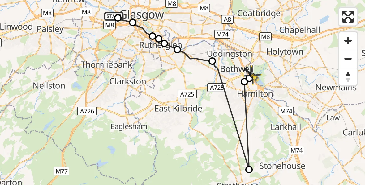 Flight route map: Police Helicopter to Bellshill, Clyde Walkway