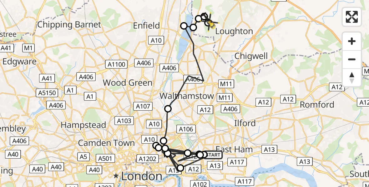 Flight route map: Police Helicopter to Sewardstonebury, Lippitts Hill