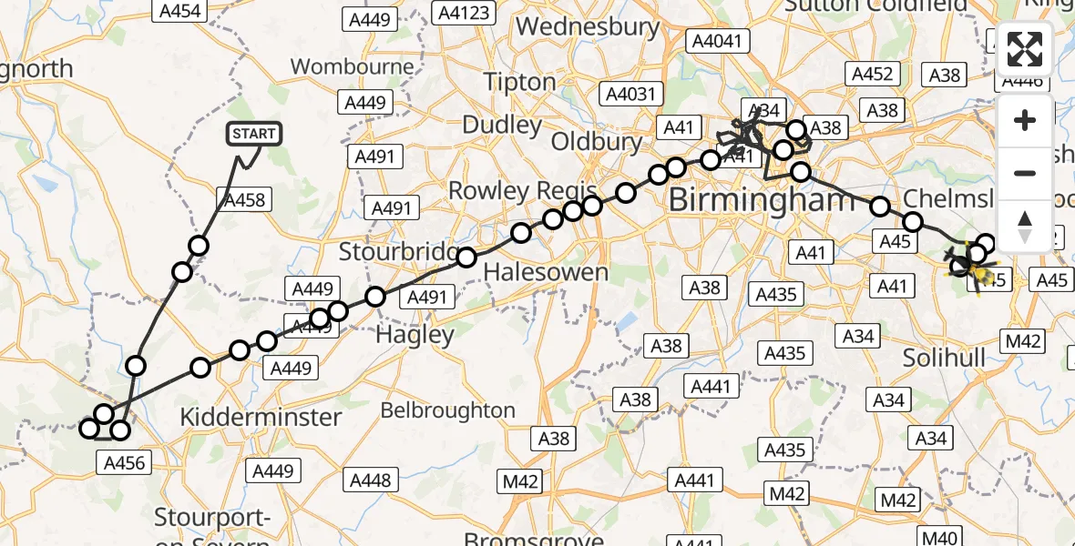 Flight route map: Police Helicopter to Birmingham Airport, Birmingham Airport