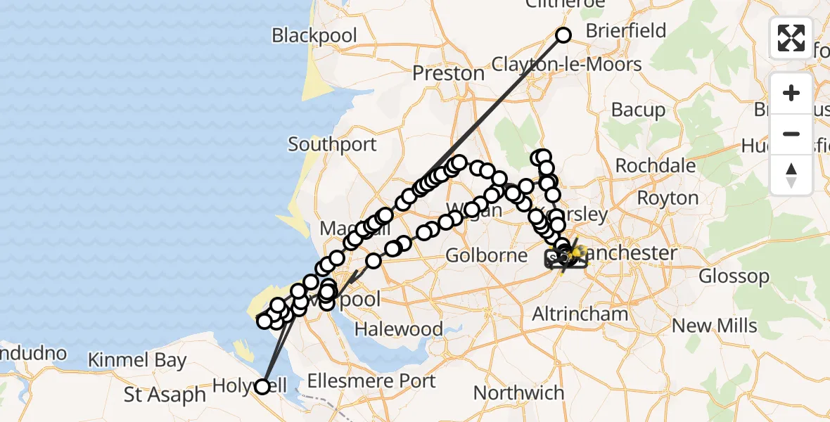 Flight path map showing Police Helicopter route from Manchester Barton Aerodrome to Manchester Barton Aerodrome