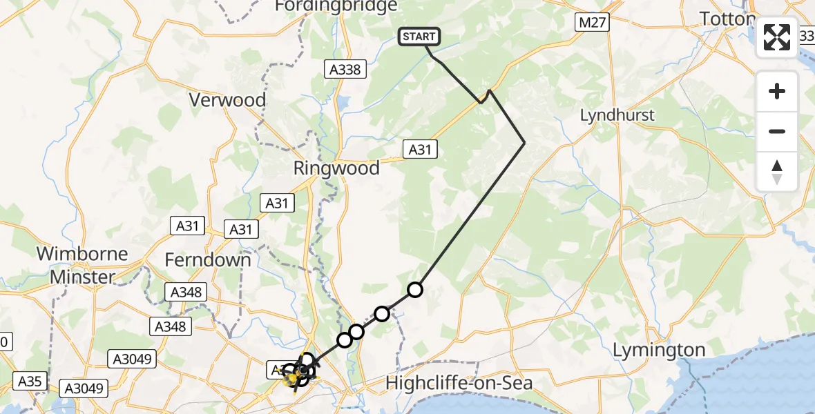 Flight route map: Police Helicopter to Royal Bournemouth Hospital, Riverside Avenue