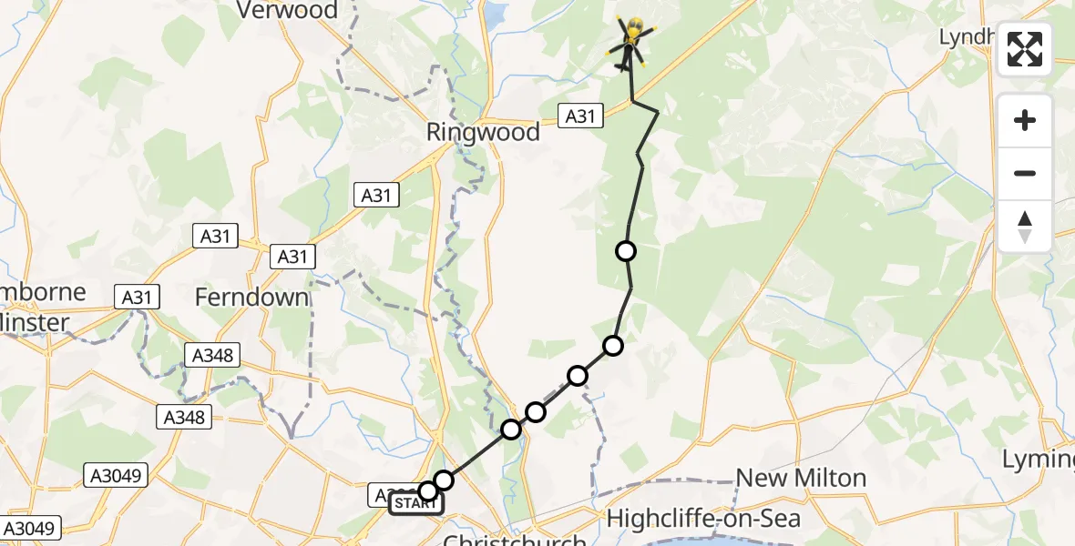 Flight route map: Police Helicopter to New Forest, New Forest
