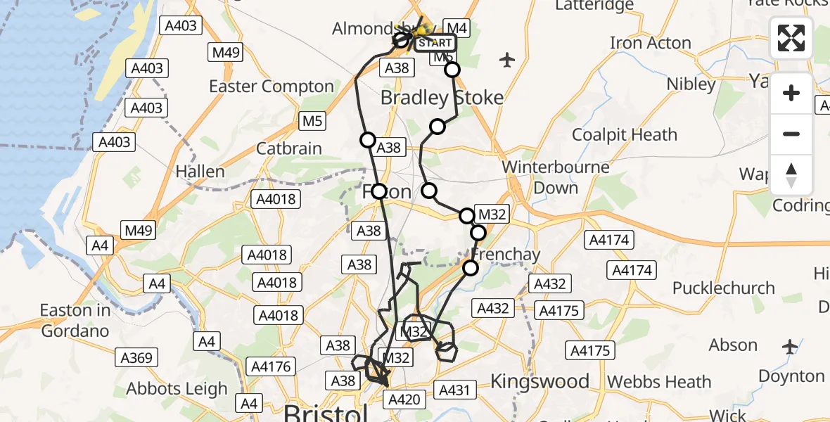Flight route map: Police Helicopter to Almondsbury Helicopter Base, Almondsbury Helicopter Base