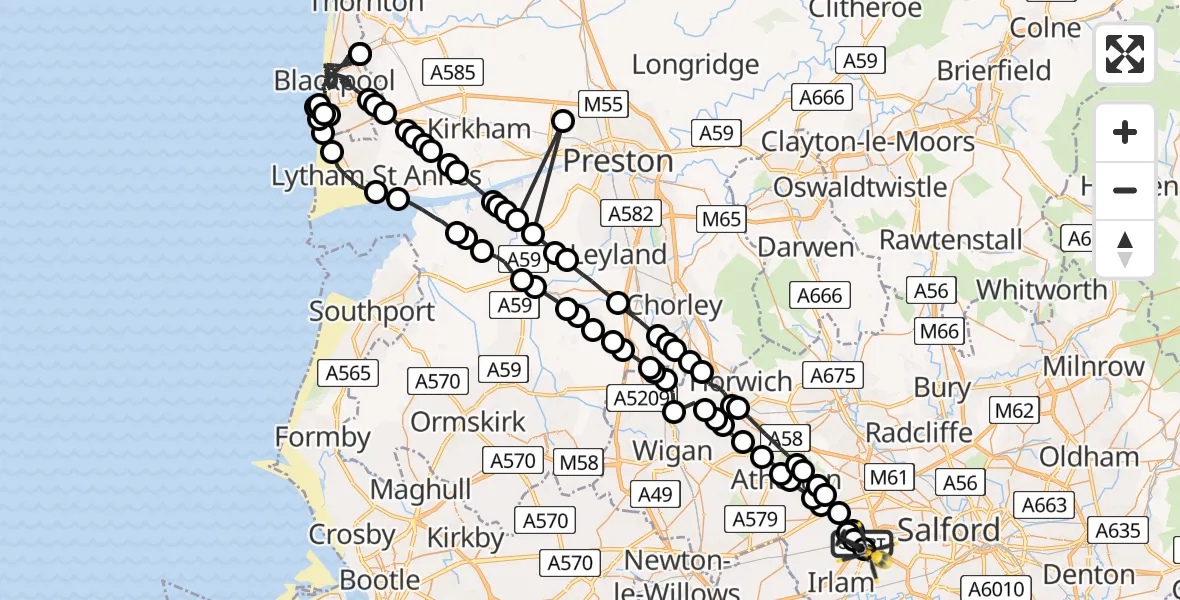 Flight path map showing Police Helicopter route from Irlam to Manchester Barton Aerodrome