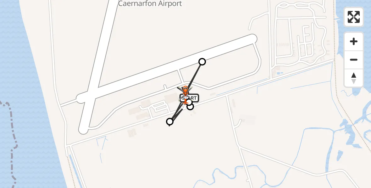 Flight path map showing Coastguard Helicopter route from Caernarfon Airport to Caernarfon Airport