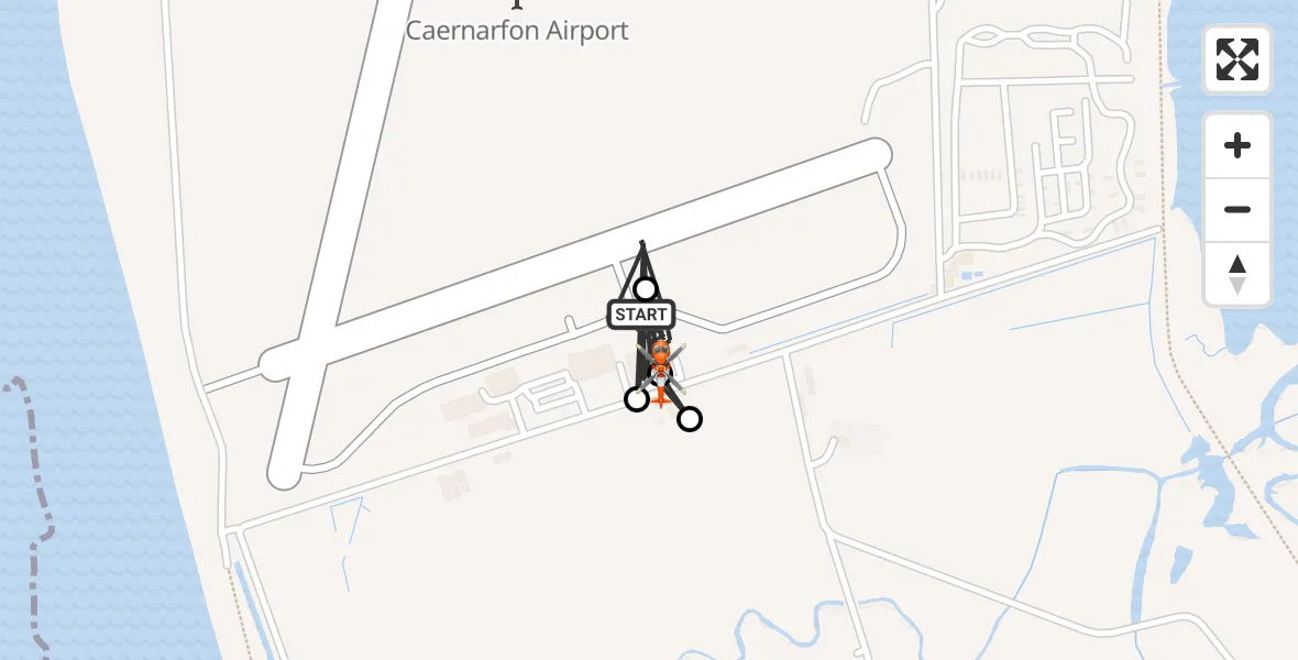 Flight path map showing Coastguard Helicopter route from Caernarfon Airport to Caernarfon Airport