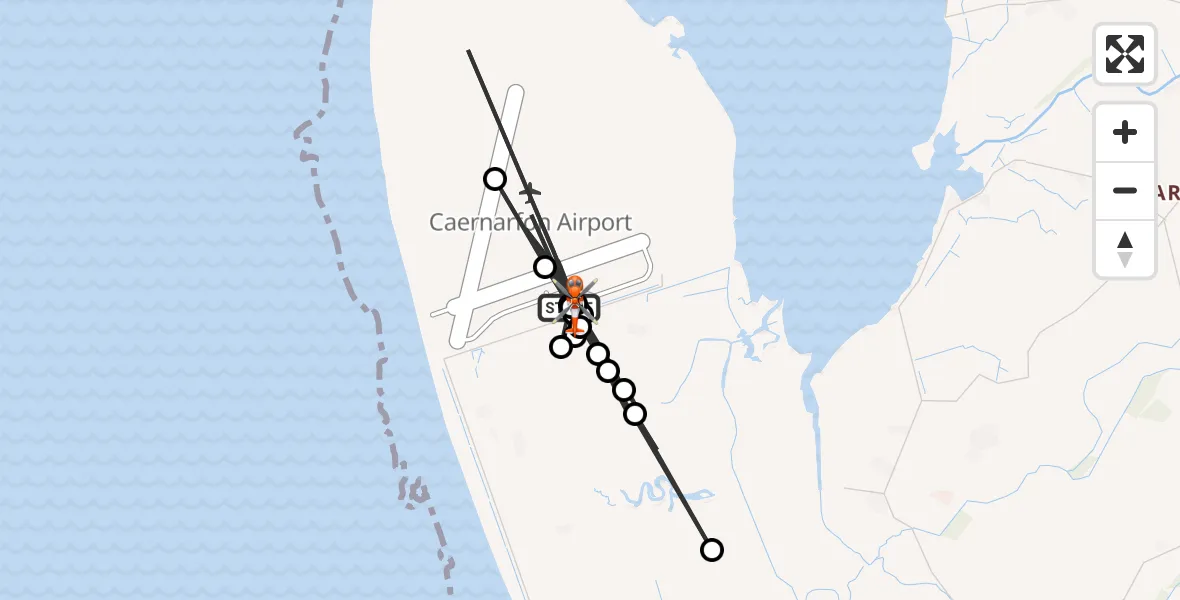 Flight path map showing Coastguard Helicopter route from Caernarfon Airport to Caernarfon Airport