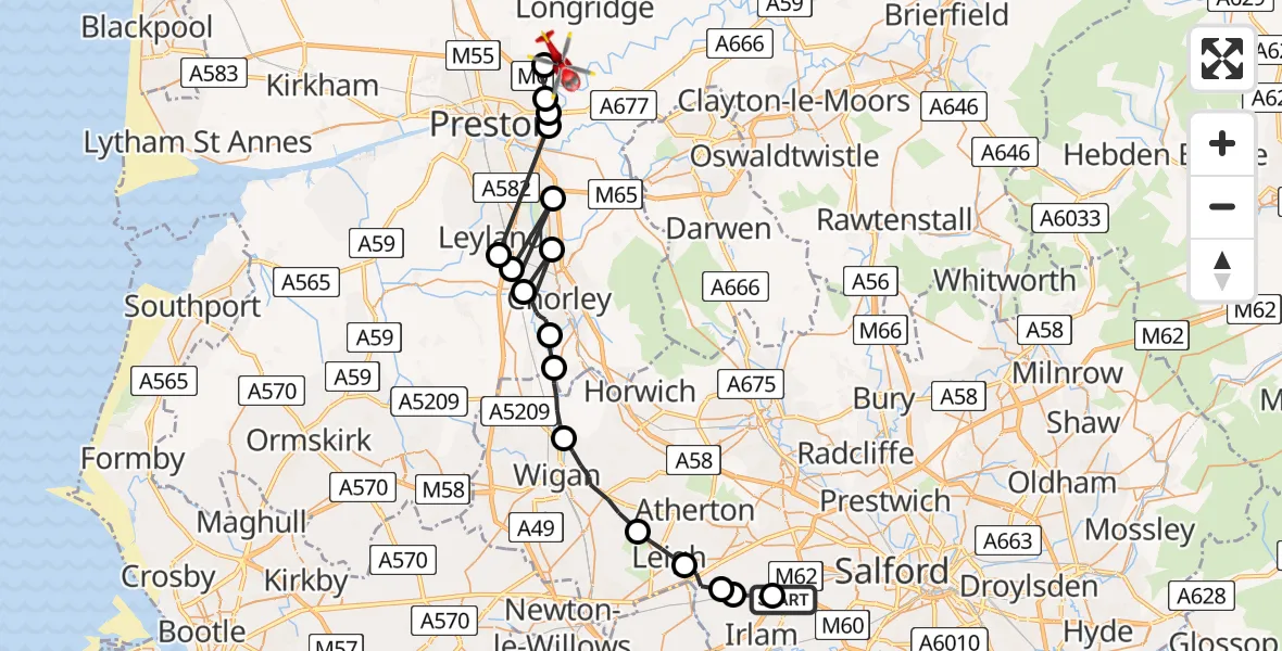 Routekaart van de vlucht: Air Ambulance Helicopter to Grimsargh, Moss Nook Drive