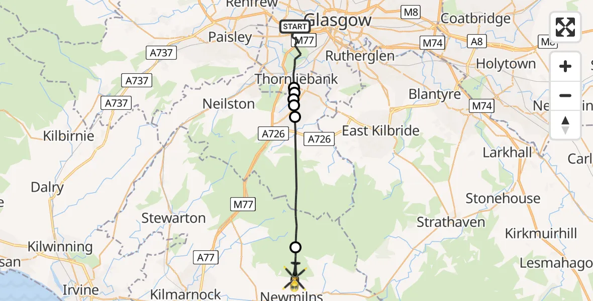 Flight route map: Police Helicopter to Newmilns, Dalwhatswood Road