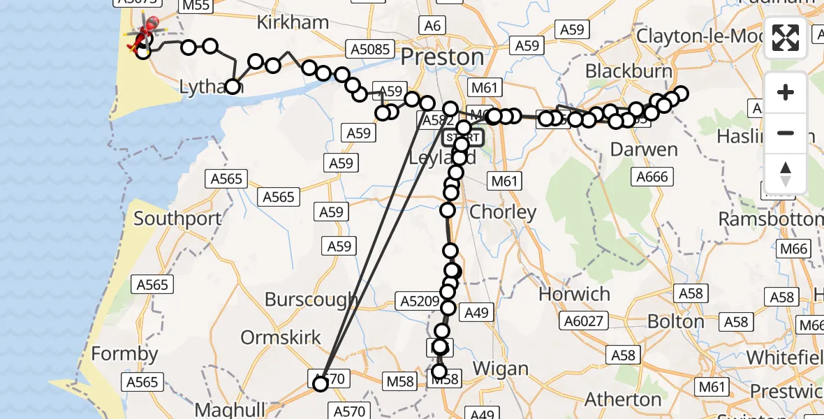 Routekaart van de vlucht: Air Ambulance Helicopter to Blackpool Airport, Blackpool Airport