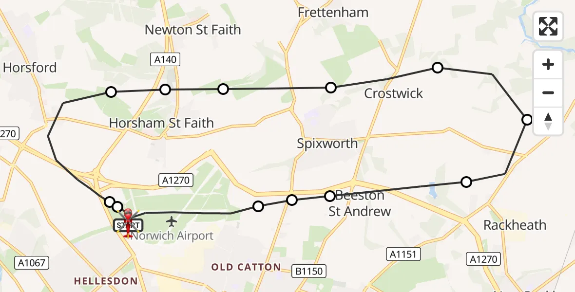 Flight path map showing Air Ambulance Helicopter route from Norwich Airport to Norwich Airport