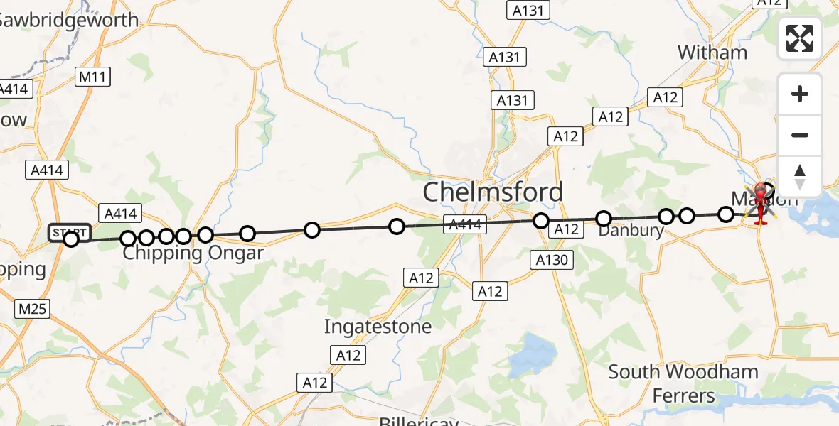 Flight route map: Air Ambulance Helicopter to Heybridge, Fambridge Road