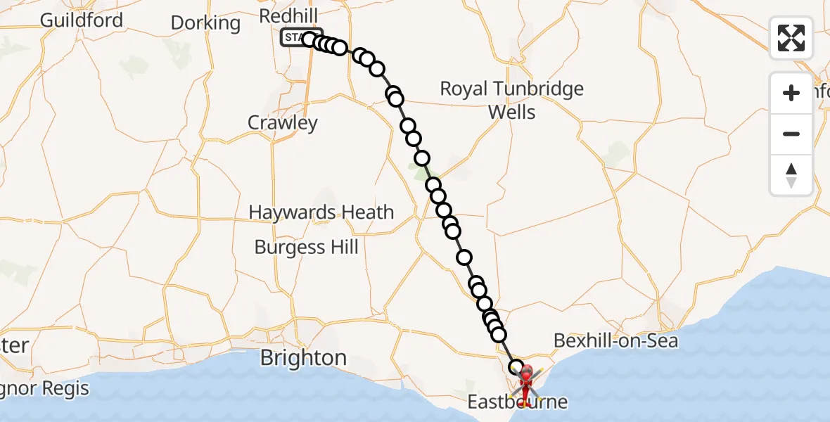 Flight route map: Air Ambulance Helicopter to Eastbourne, Bowood Avenue