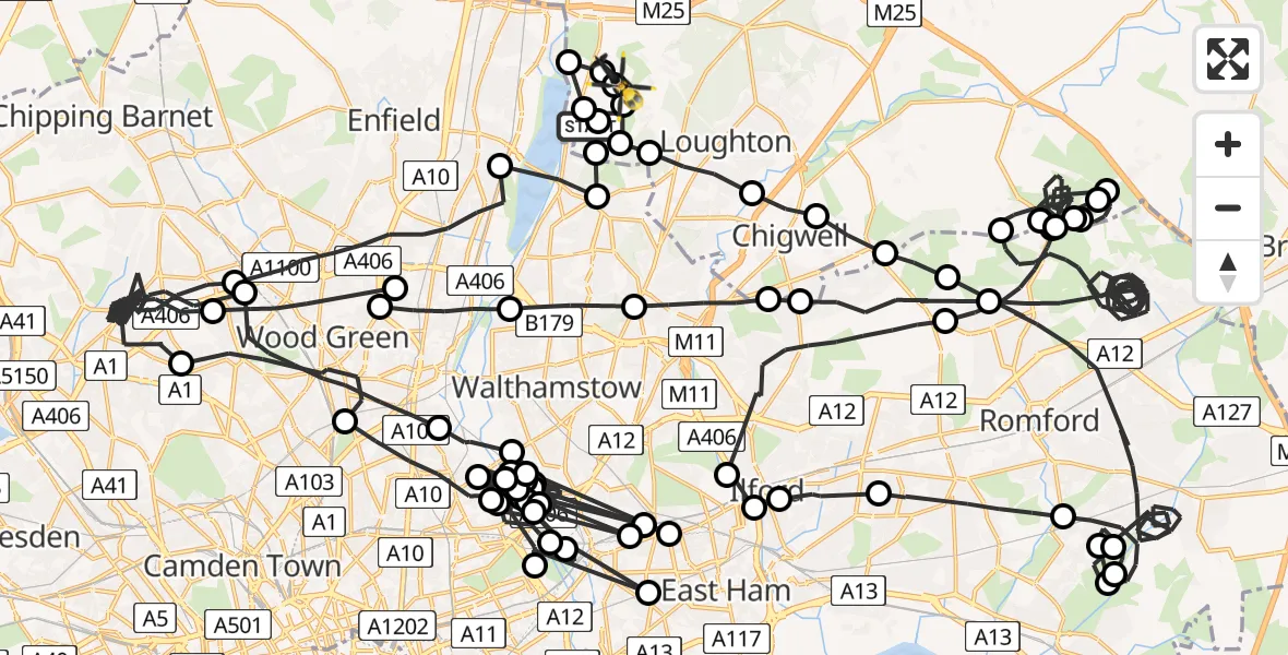 Routekaart van de vlucht: Police Helicopter to Sewardstonebury, Green Lane