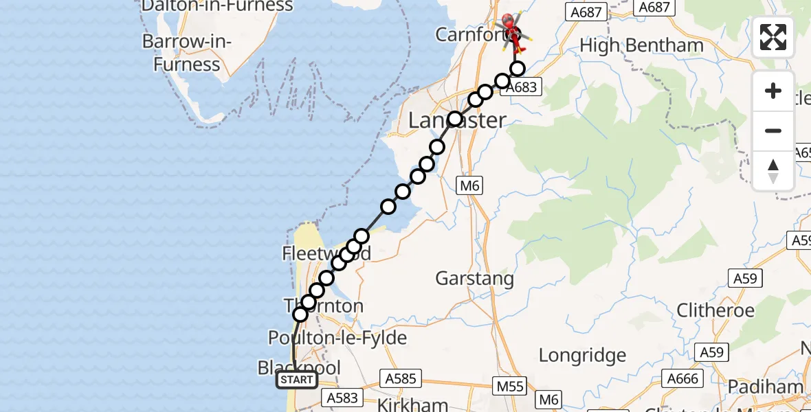 Routekaart van de vlucht: Air Ambulance Helicopter to Over Kellet, Lord's Lot Road