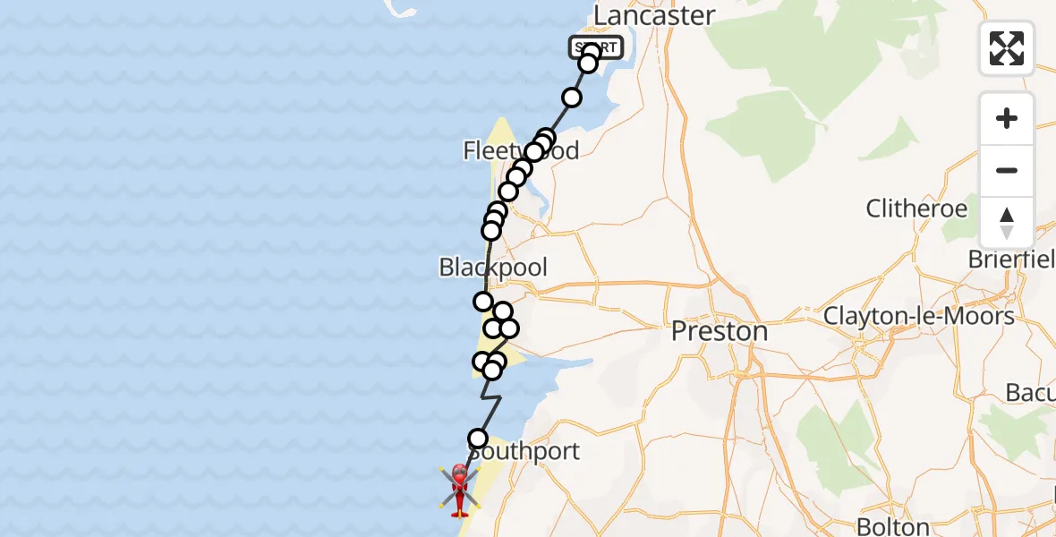 Flight route map: Air Ambulance Helicopter to Sefton, Stalls Road