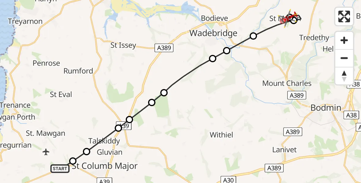 Flight route map: Air Ambulance Helicopter to St. Mabyn, Greenwix Parc
