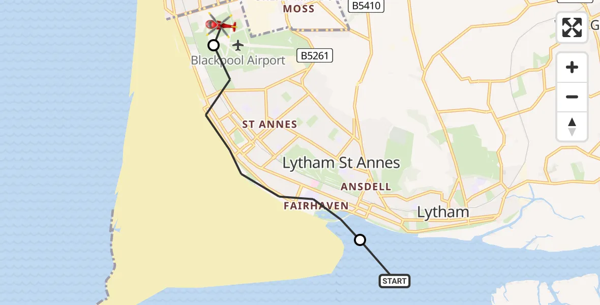 Flight route map: Air Ambulance Helicopter to Blackpool Airport, Blackpool Airport