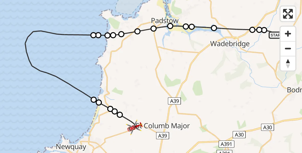 Routekaart van de vlucht: Air Ambulance Helicopter to Cornwall Airport Newquay, Cornwall Airport Newquay