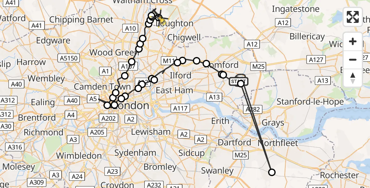 Routekaart van de vlucht: Police Helicopter to Sewardstonebury, Blind Lane