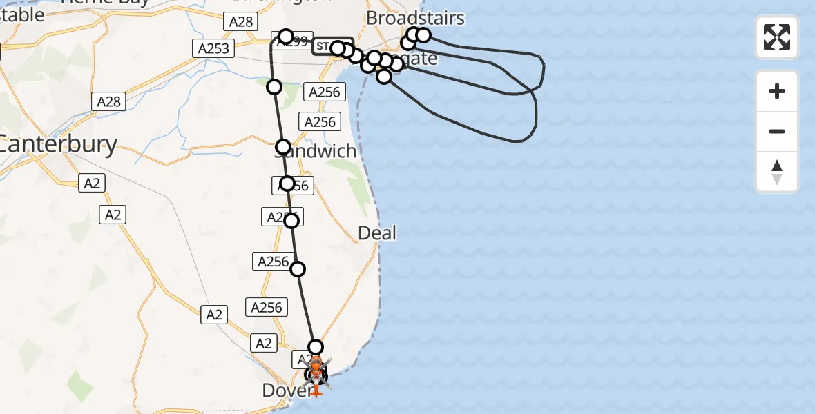 Flight route map: Coastguard Helicopter to Langdon Battery Heliport, Langdon Battery Heliport