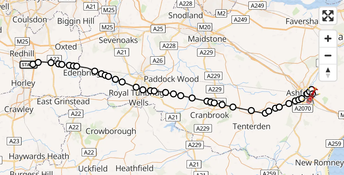 Flight route map: Air Ambulance Helicopter to Sevington, Sandy Lane