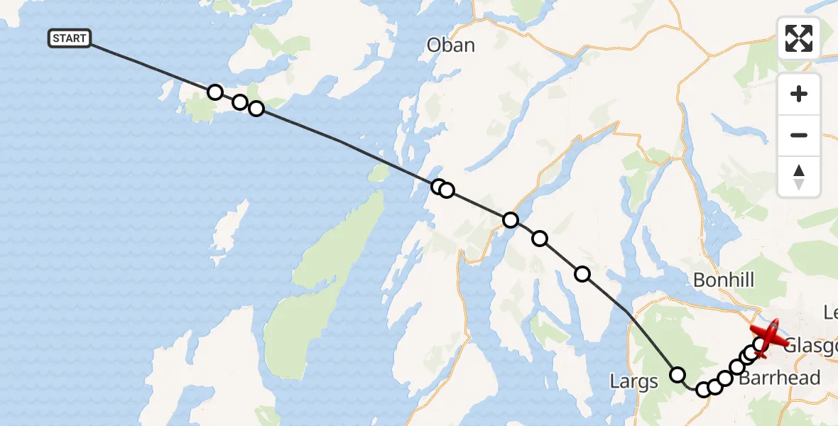 Flight path map showing Air Ambulance Aircraft route from Inner Seas to Glasgow Airport