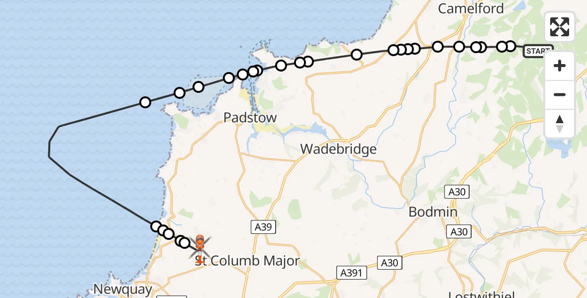 Flight route map: Coastguard Helicopter to Cornwall Airport Newquay, Cornwall Airport Newquay
