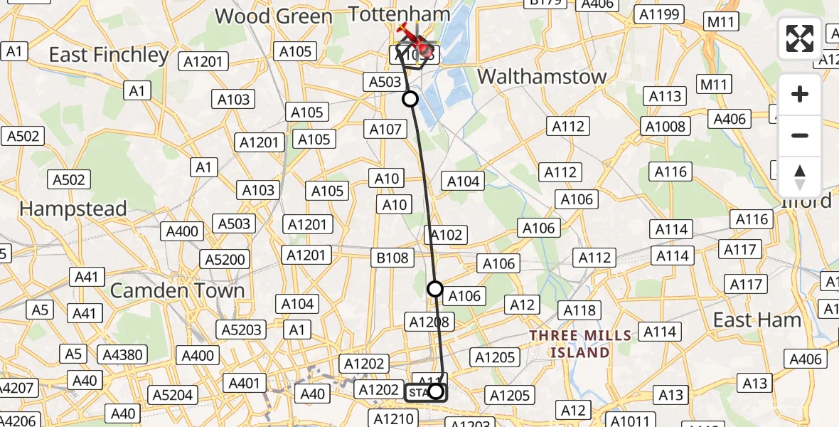 Flight route map: Air Ambulance Helicopter to London Borough of Haringey, Park View Road