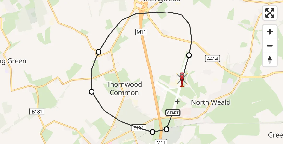 Flight path map showing Air Ambulance Helicopter route from North Weald Airfield to North Weald Airfield