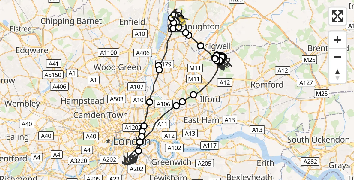 Flight path map showing Police Helicopter route from Sewardstonebury to Sewardstonebury