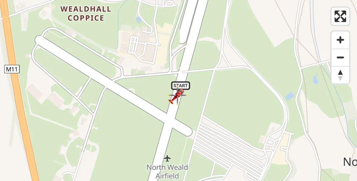 Flight path map showing Air Ambulance Helicopter route from North Weald Airfield to North Weald Airfield