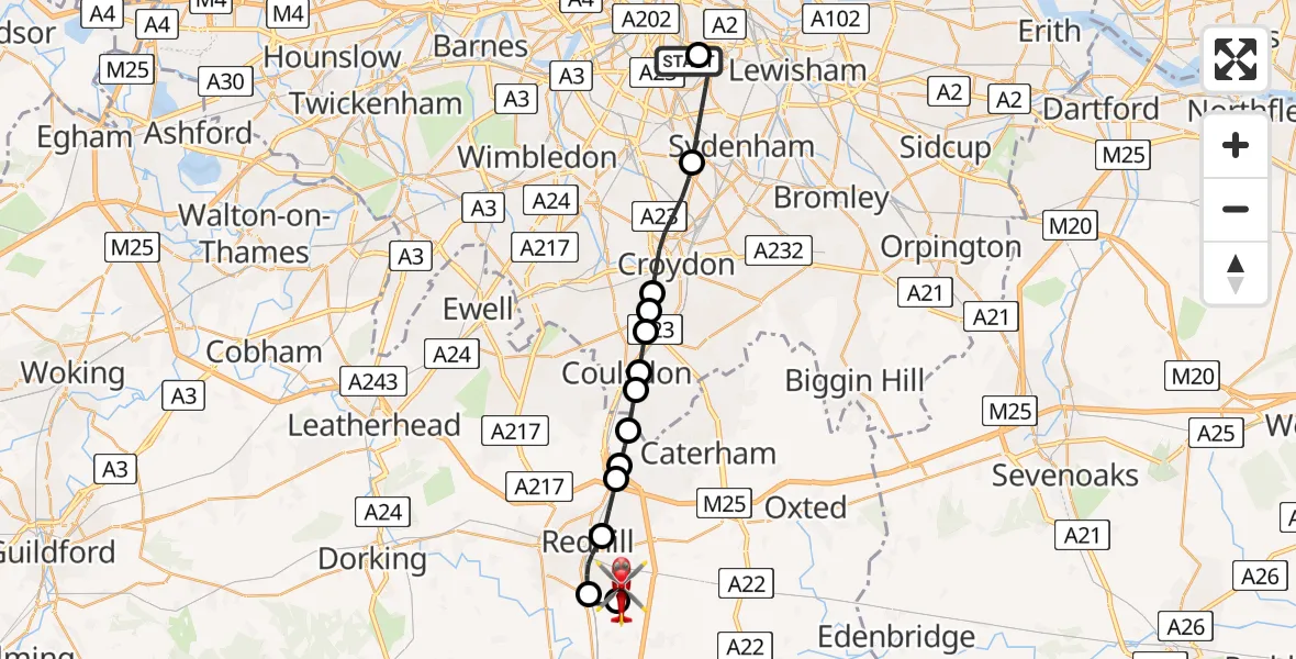Flight route map: Air Ambulance Helicopter to Redhill Aerodrome, Redhill Aerodrome