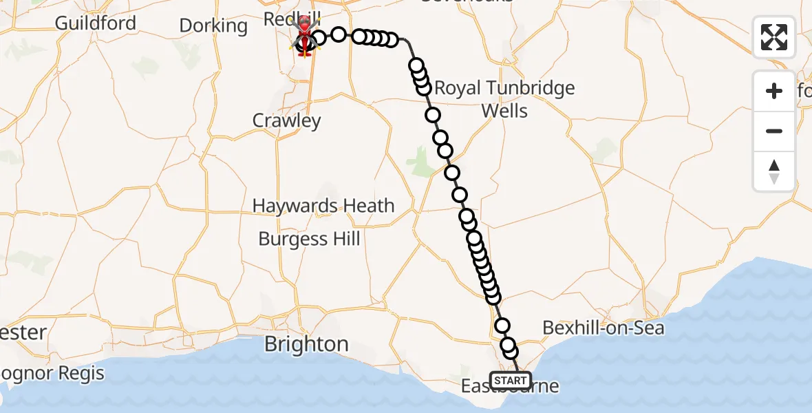 Flight route map: Air Ambulance Helicopter to Redhill Aerodrome, Redhill Aerodrome