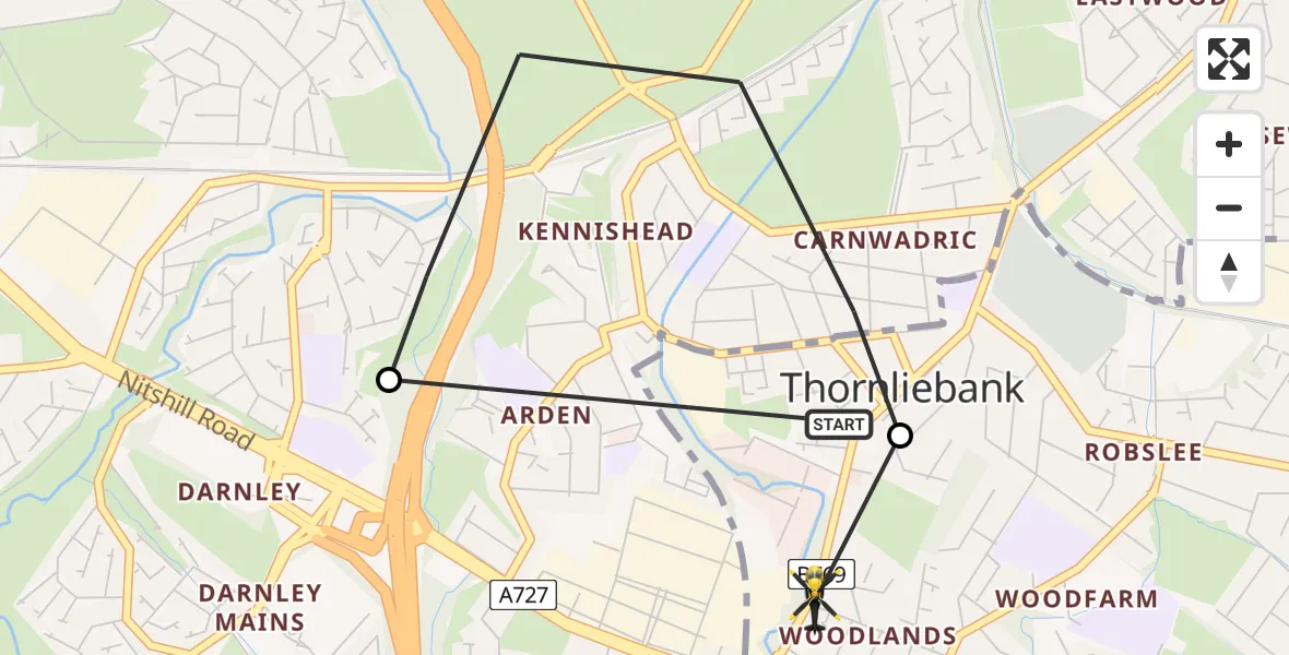 Flight route map: Police Helicopter to Thornliebank, Spiersbridge Road