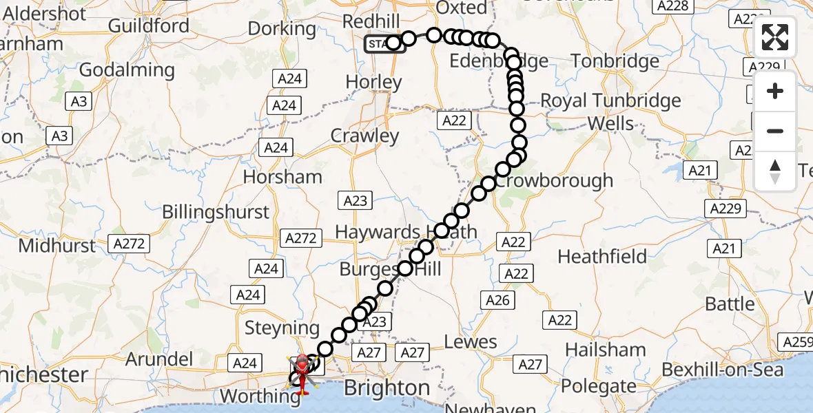 Flight route map: Air Ambulance Helicopter to Brighton City Airport, Brighton City Airport