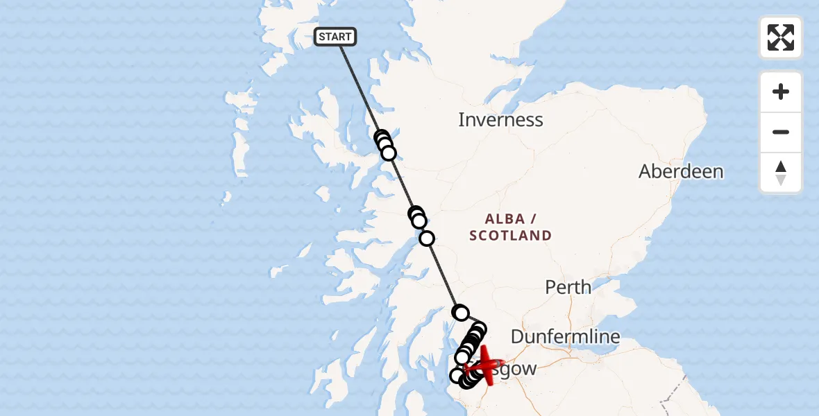 Flight path map showing Air Ambulance Aircraft route from Inner Seas to Glasgow Airport