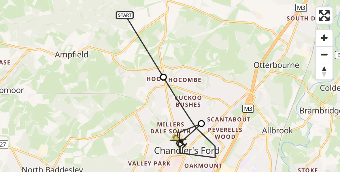 Flight route map: Police Helicopter to Chandler's Ford, Sutherlands Way