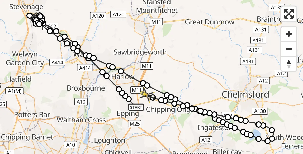 Flight route map: Police Helicopter to North Weald Bassett, Rayley Lane