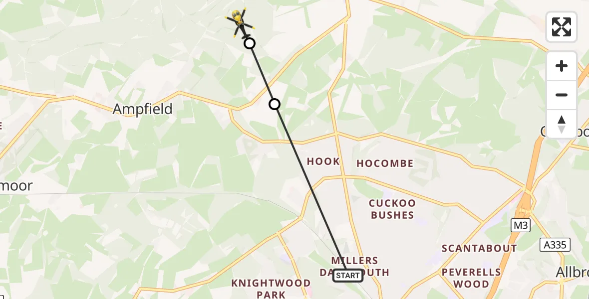 Routekaart van de vlucht: Police Helicopter to Hursley, Hunter's Ride