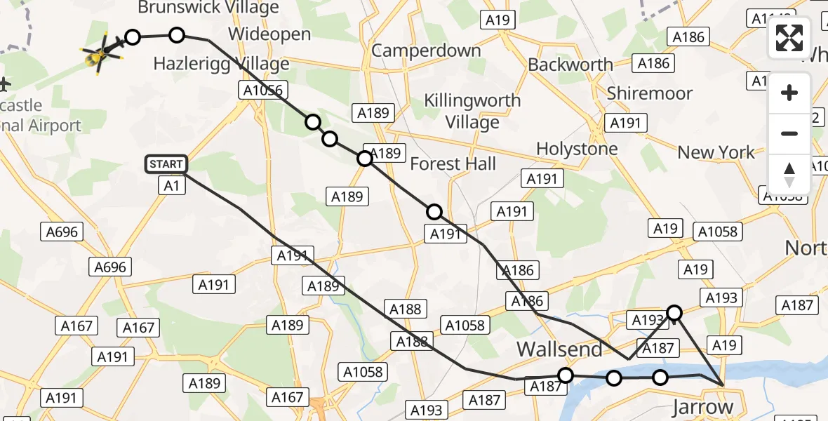 Flight route map: Police Helicopter to Newcastle International Airport, Newcastle International Airport