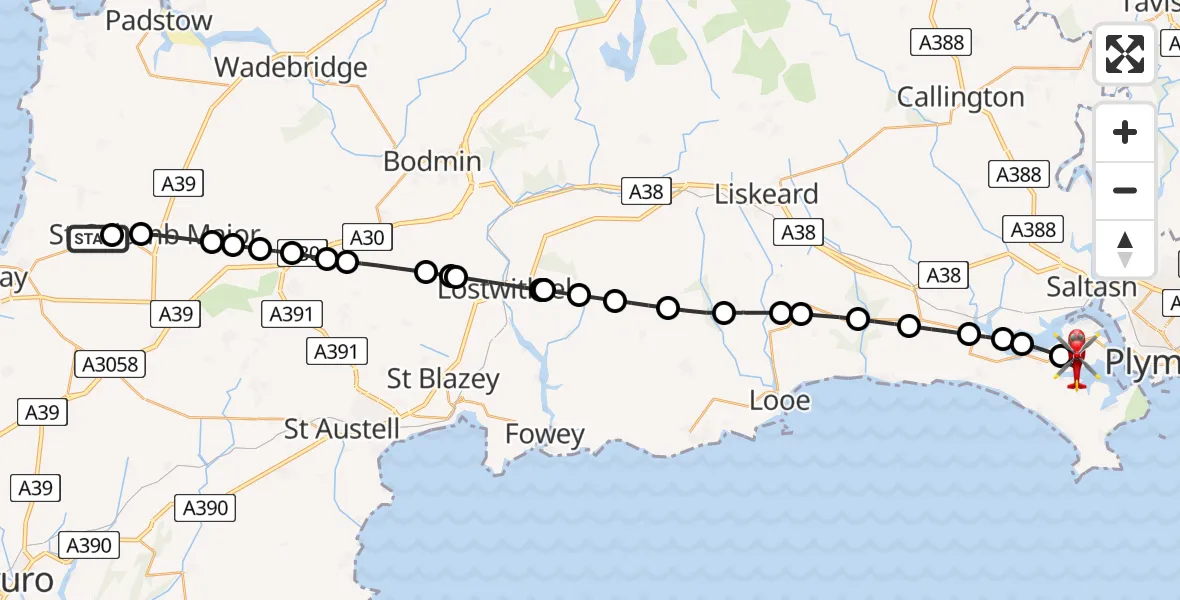 Flight route map: Air Ambulance Helicopter to Torpoint, Maple Avenue
