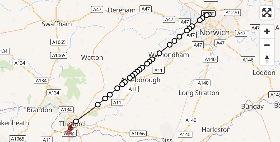 Flight route map: Air Ambulance Helicopter to Thetford, Staniforth Road