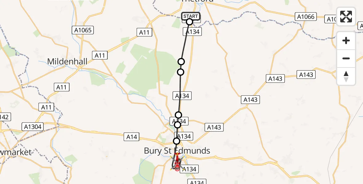 Routekaart van de vlucht: Air Ambulance Helicopter to Bury St Edmunds, Barons Road